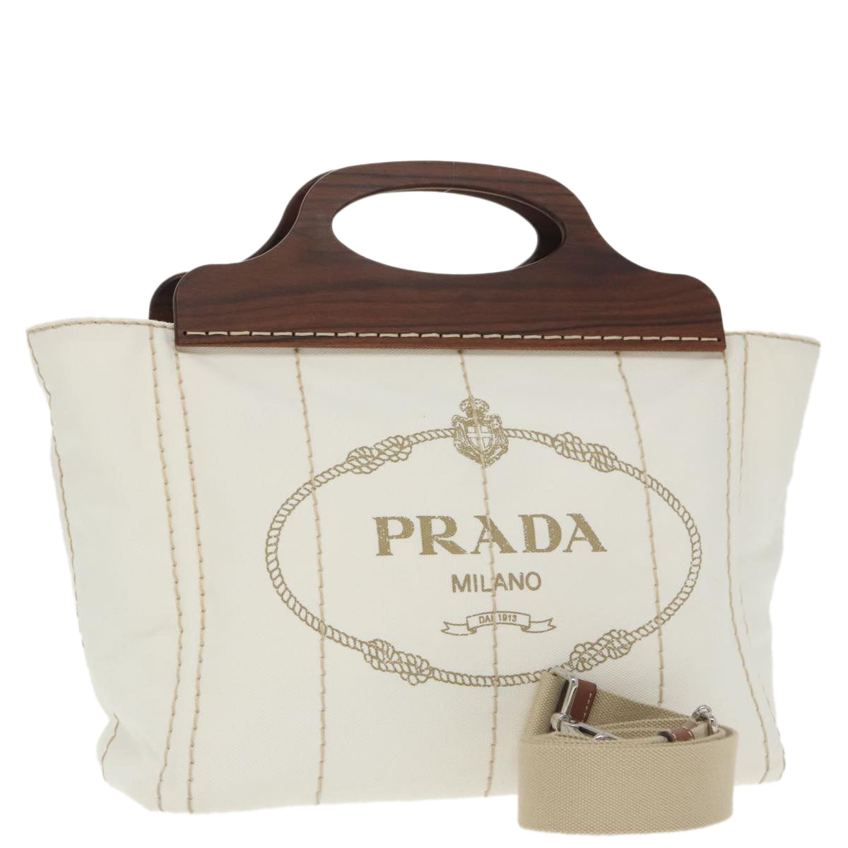 PRADA Canapalage Hand Bag Canvas White Silver 1BG350