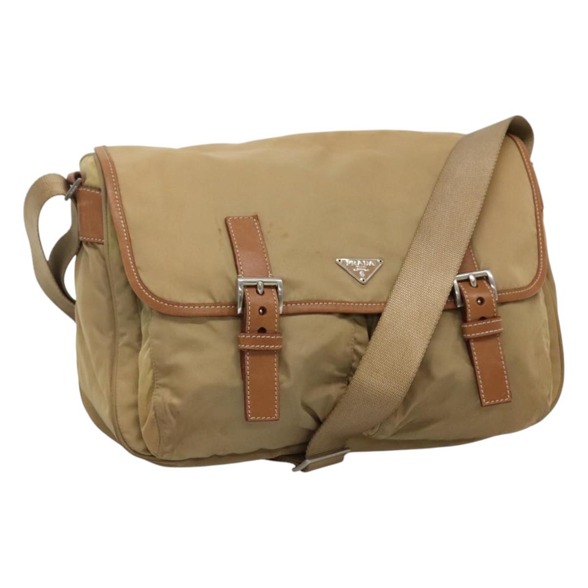 PRADA Shoulder Bag Nylon Beige Brown Silver