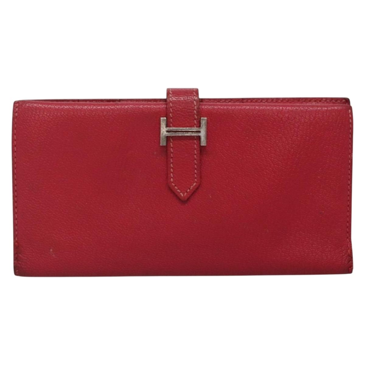 HERMES Wallet Leather Red Silver