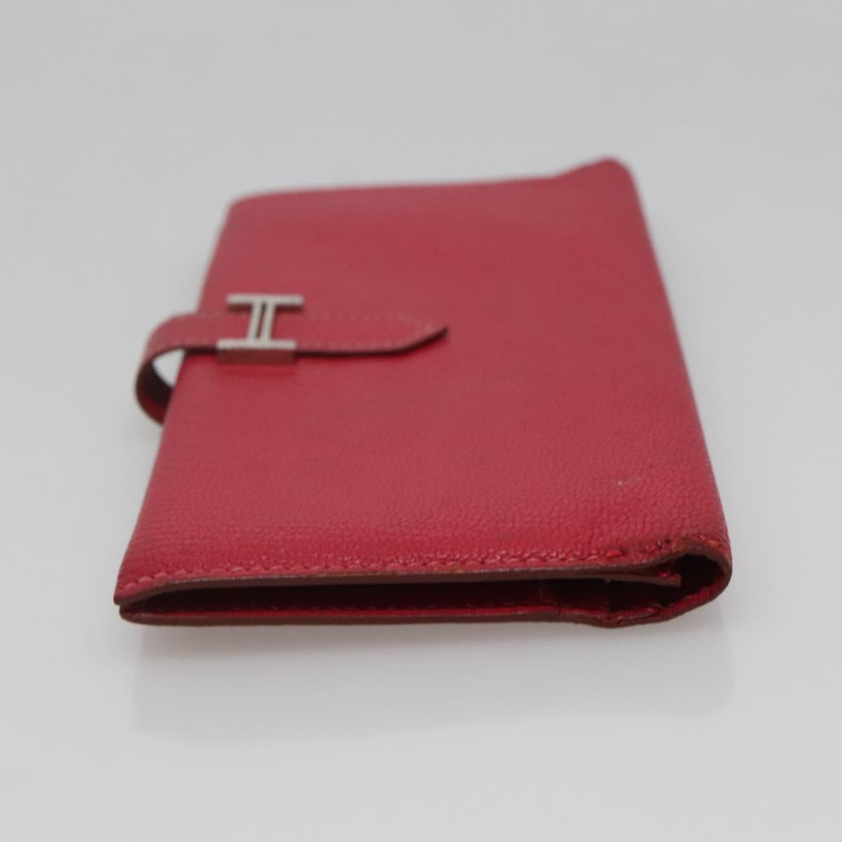 HERMES Wallet Leather Red Silver