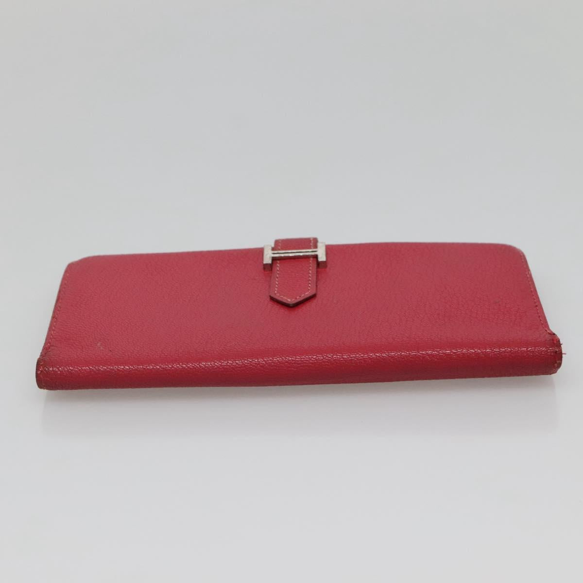HERMES Wallet Leather Red Silver