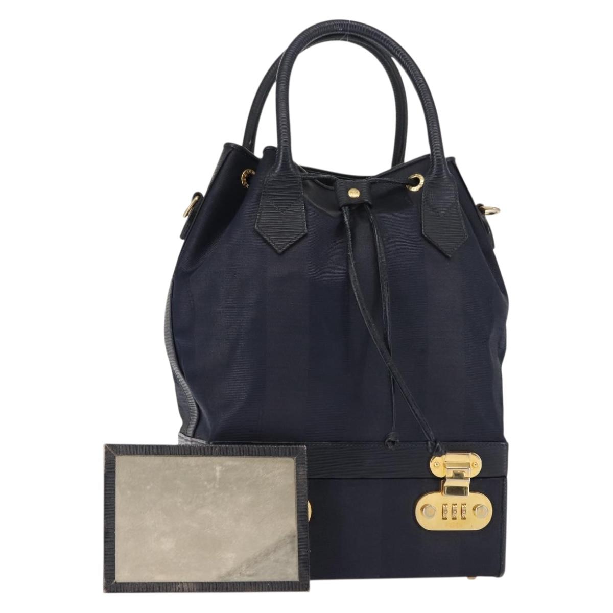 FENDI Pecan Canvas Hand Bag PVC Navy Gold