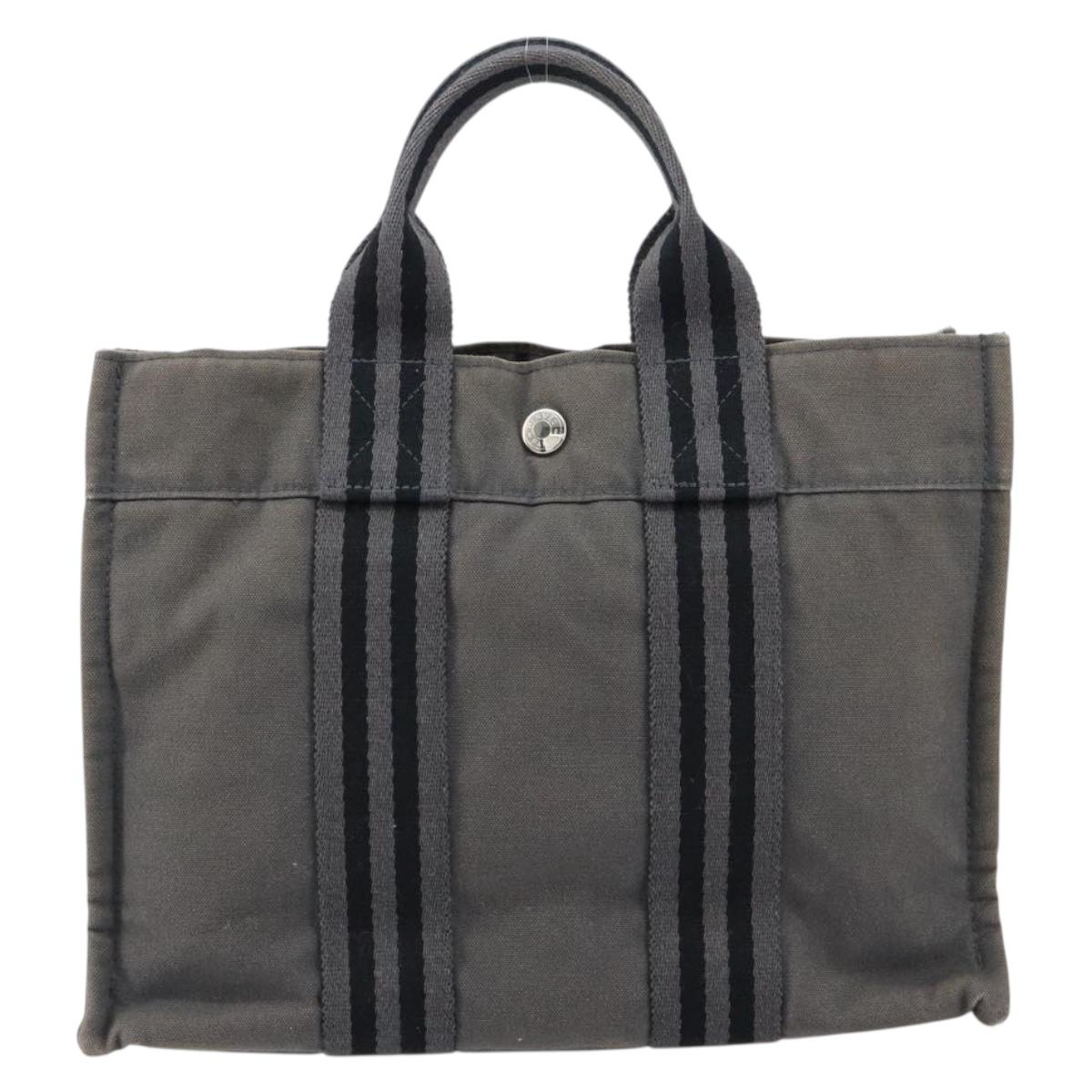 HERMES Fourre ToutPM Hand Bag Canvas Gray Silver