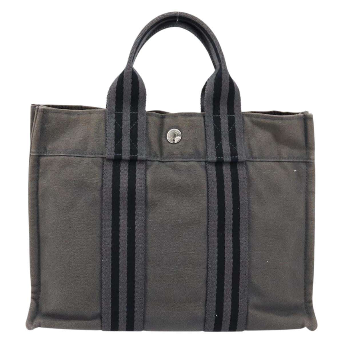 HERMES Fourre ToutPM Hand Bag Canvas Gray Silver
