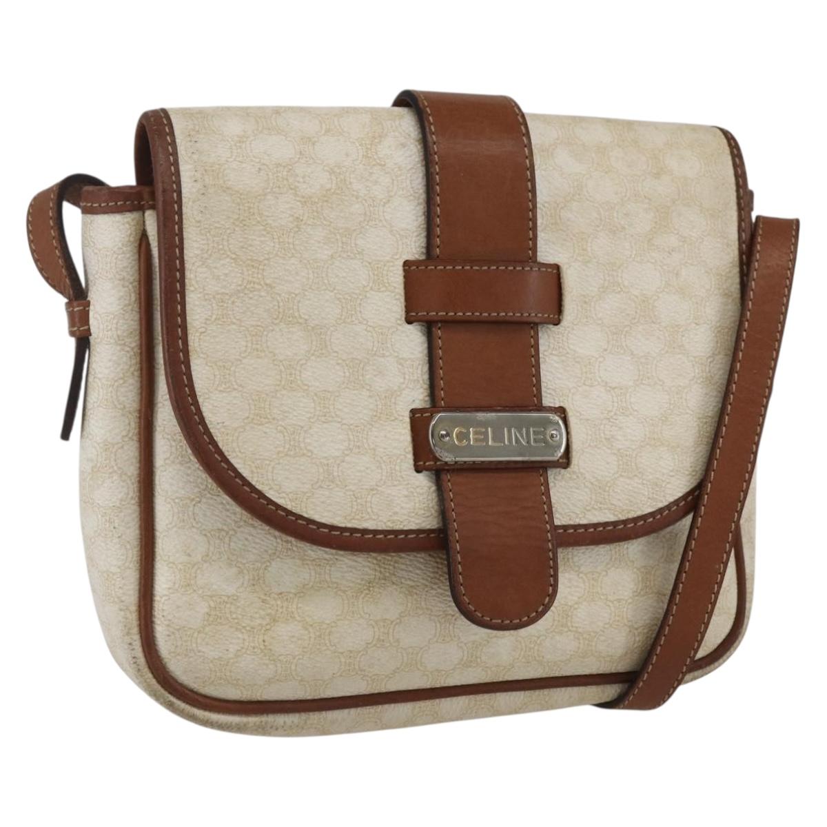 CELINE Macadam Canvas Shoulder Bag PVC Leather White Silver