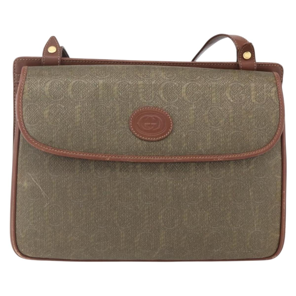 GUCCI Shoulder Bag Leather Canvas Brown Gold