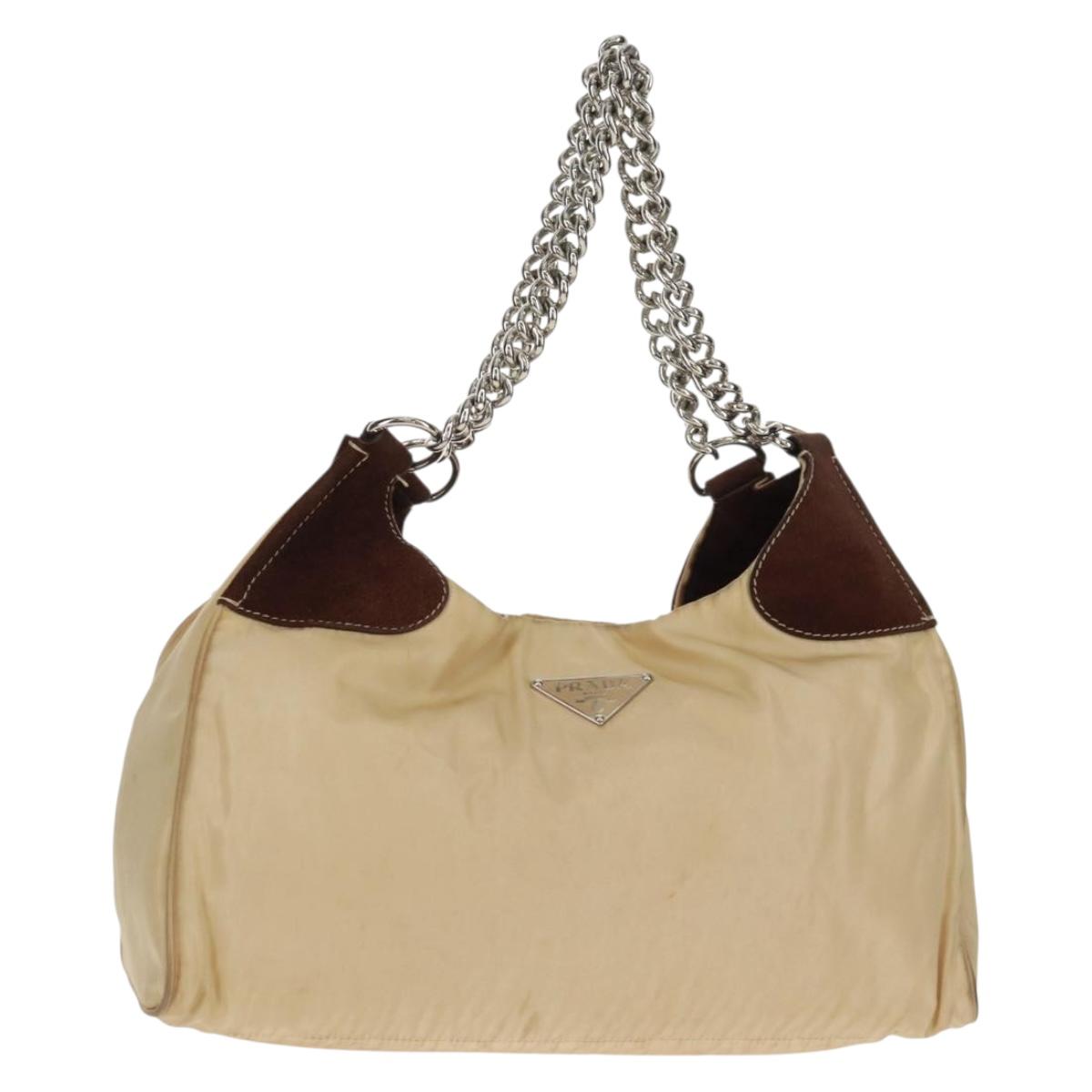 PRADA Chain Shoulder Bag Nylon Beige Silver