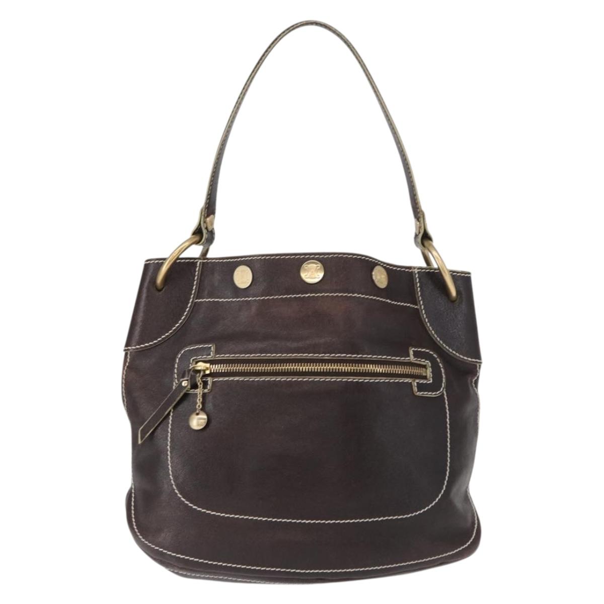 CELINE Shoulder Bag Leather Dark Brown Gold