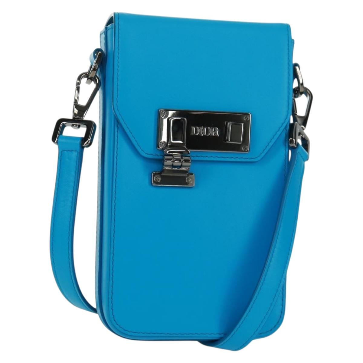 Christian Dior Shoulder Bag Leather Blue Silver