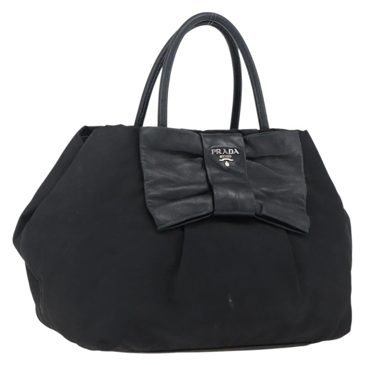 PRADA Ribbon Hand Bag Nylon Leather Black Silver