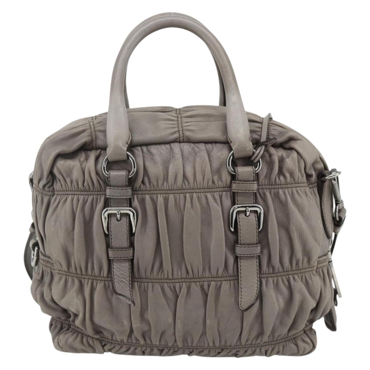PRADA Gathered Hand Bag Leather 2way Gray Silver