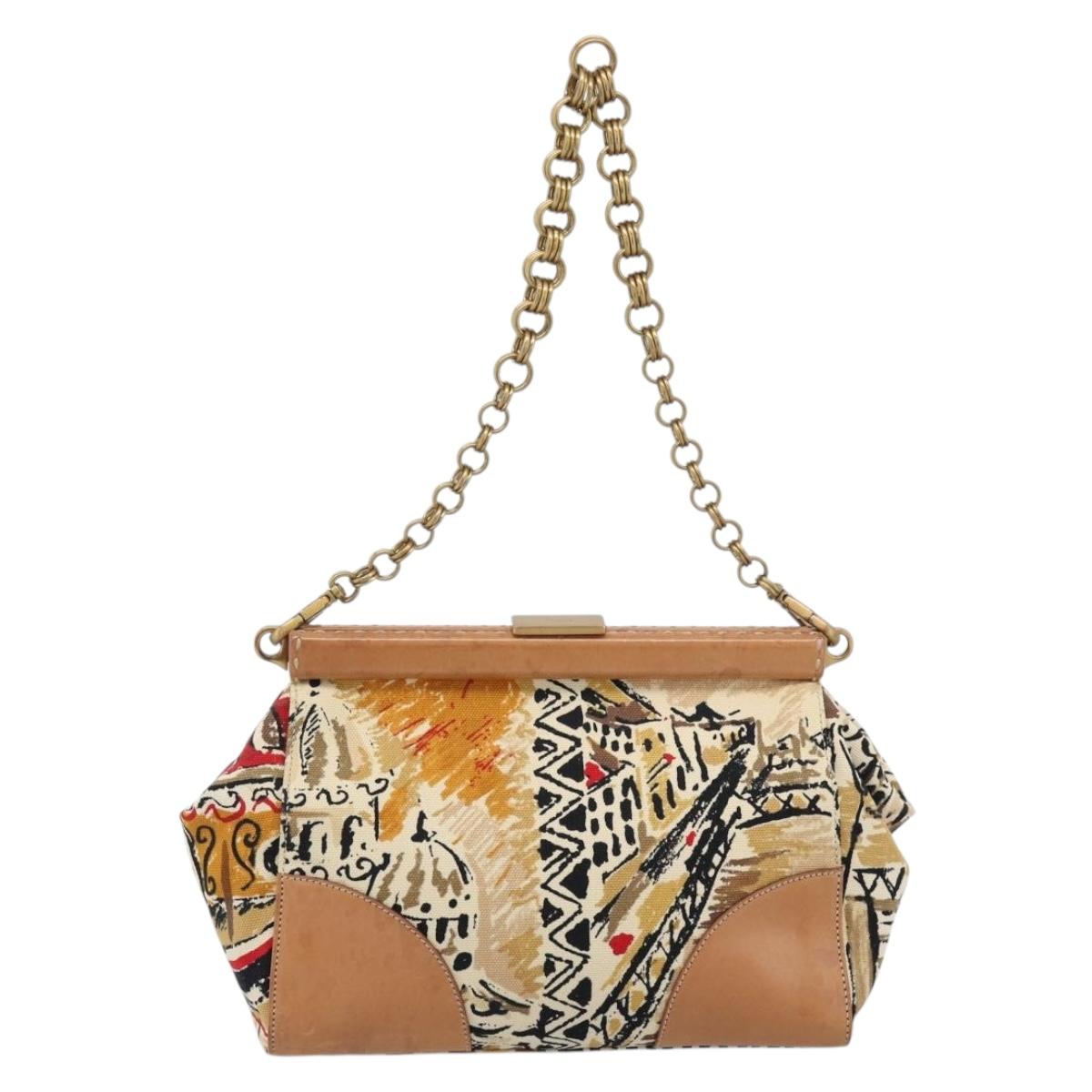 PRADA Chain Shoulder Bag Canvas Brown Gold