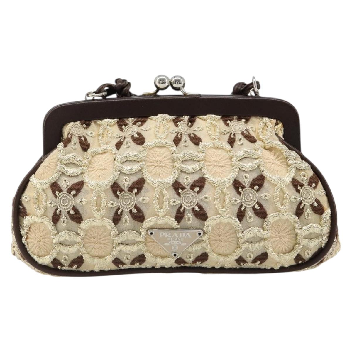 PRADA Coin Purse Shoulder Pouch Canvas Beige Silver