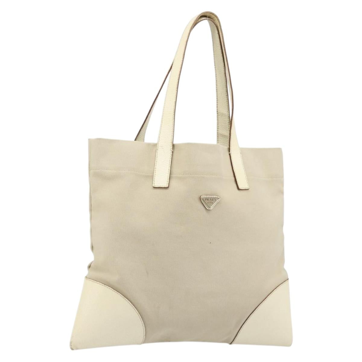 PRADA Tote Bag Canvas Beige Silver