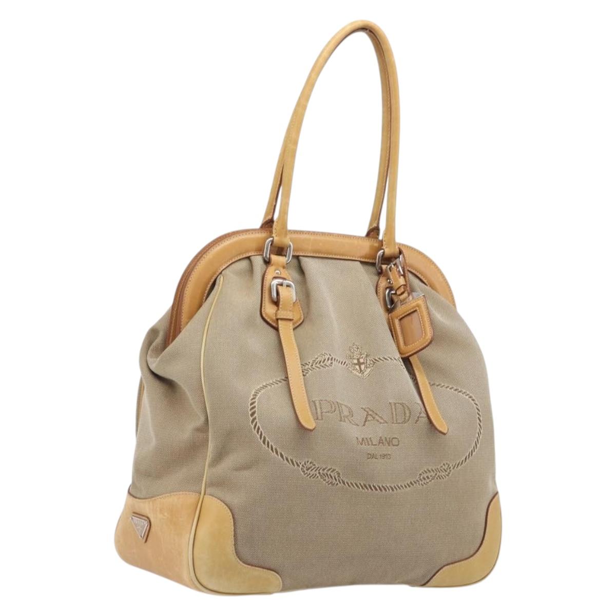 PRADA Hand Bag Canvas Beige Silver