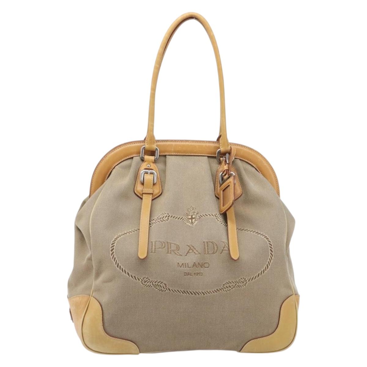 PRADA Hand Bag Canvas Beige Silver