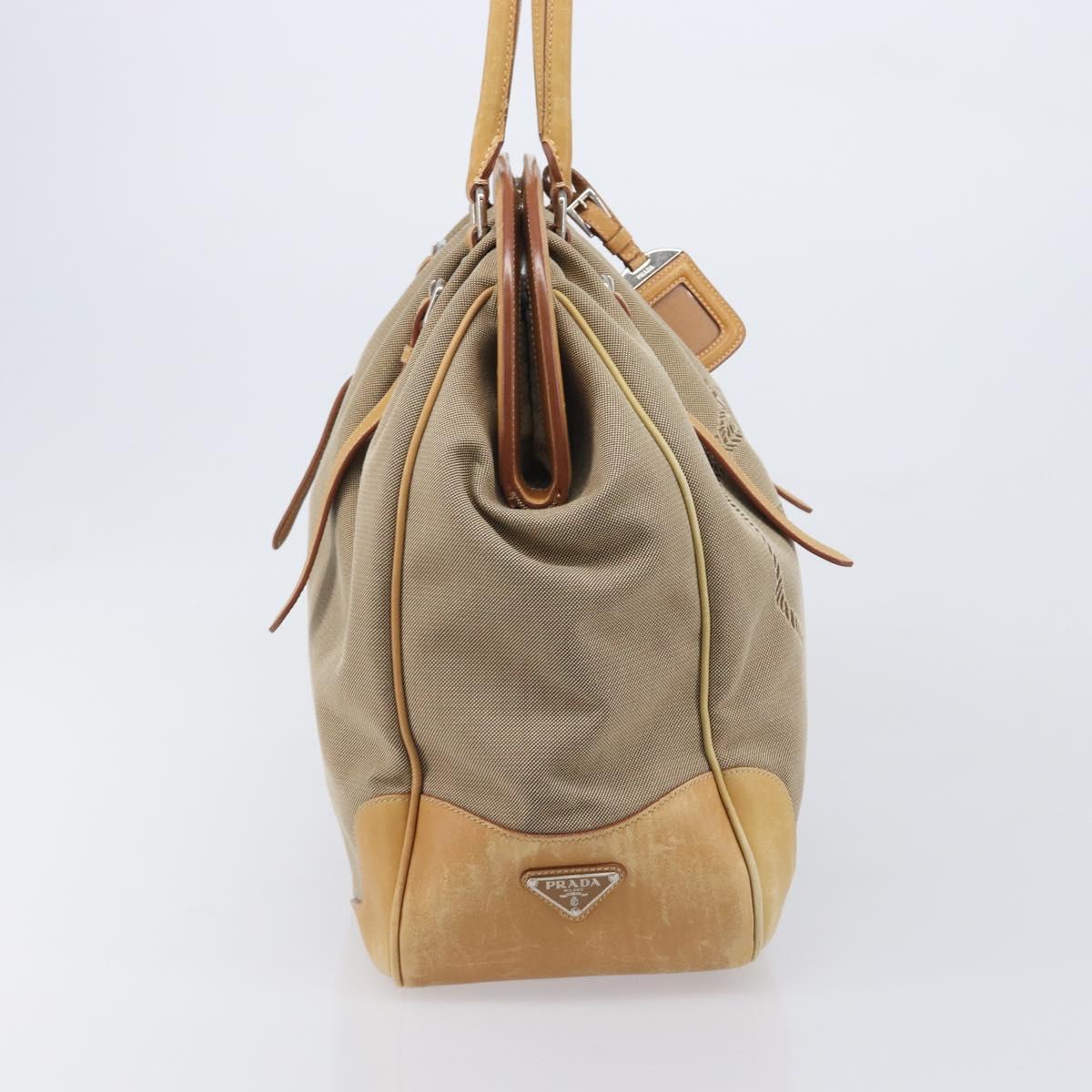 PRADA Hand Bag Canvas Beige Silver