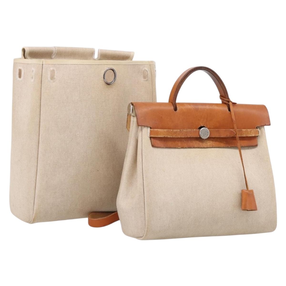 HERMES Her Bag A Dos Backpack Canvas 2way Beige Silver