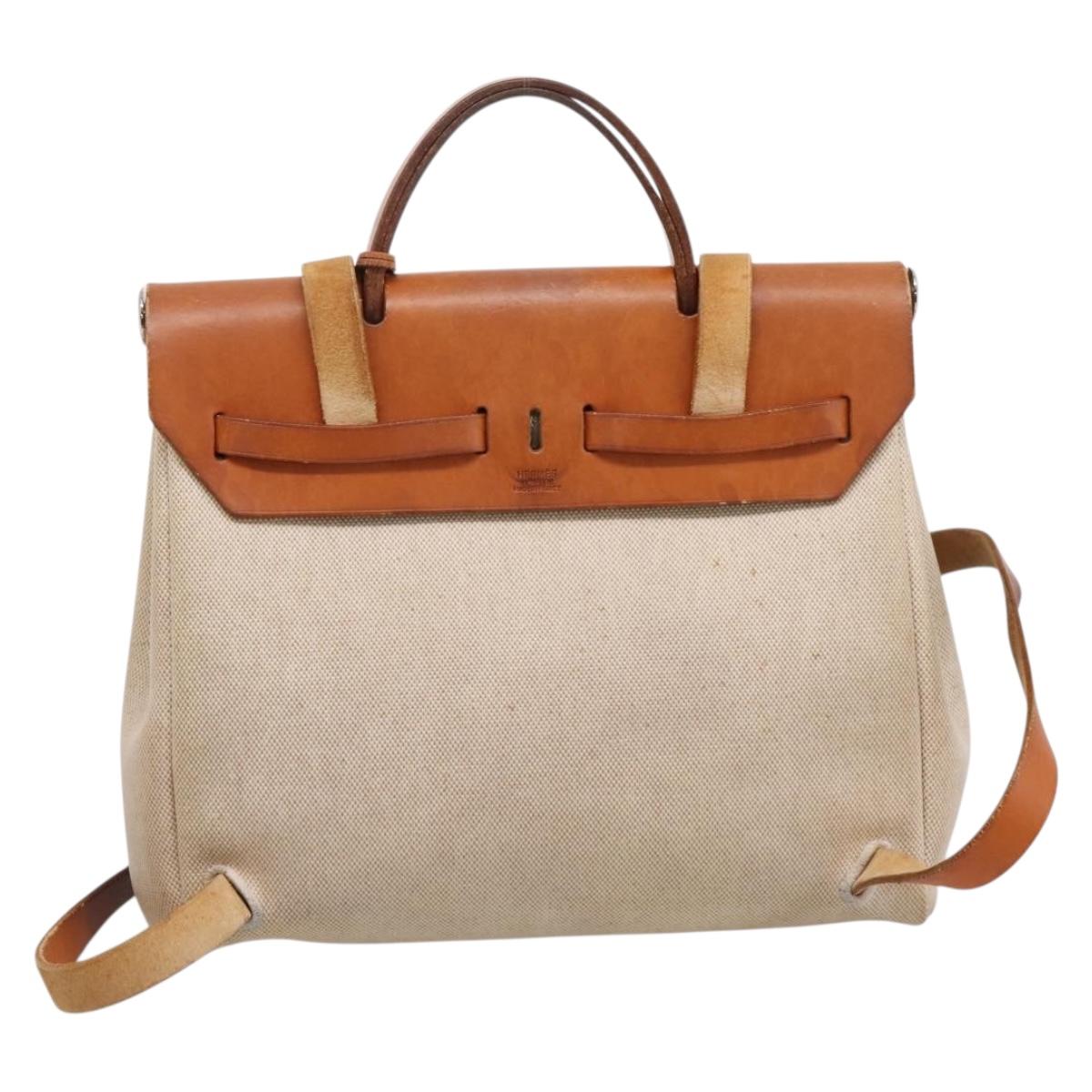 HERMES Her Bag A Dos Backpack Canvas 2way Beige Silver