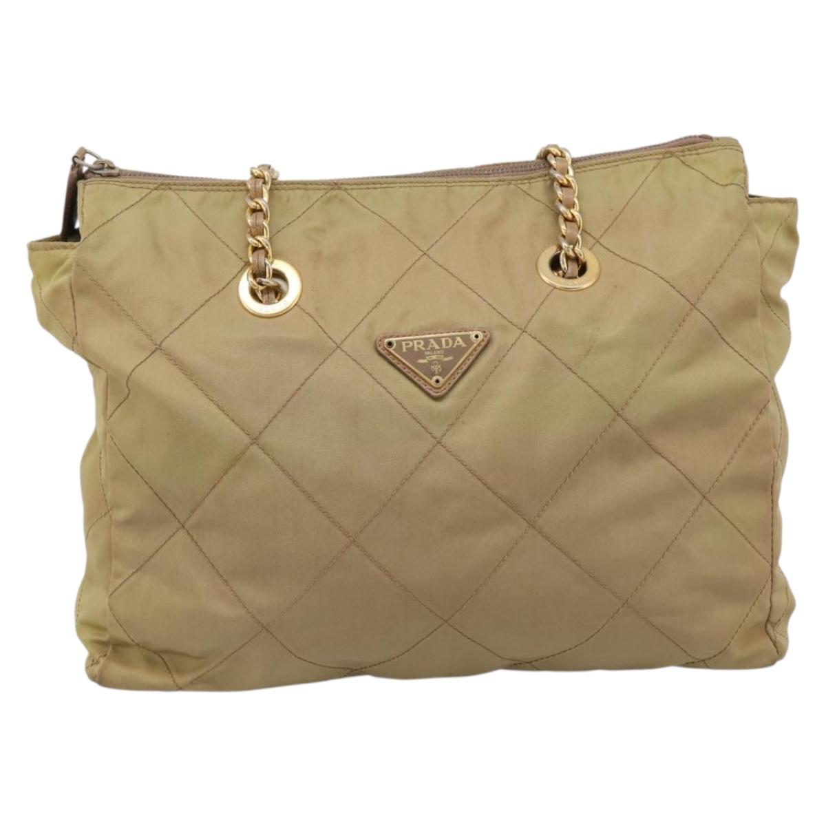 PRADA Chain Shoulder Bag Nylon Beige Gold