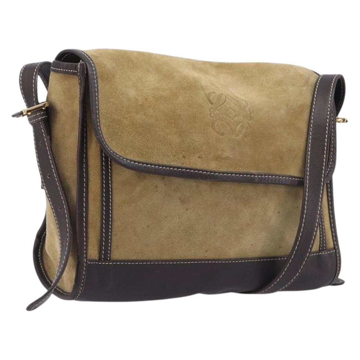 LOEWE Shoulder Bag Suede Beige Gold Tone