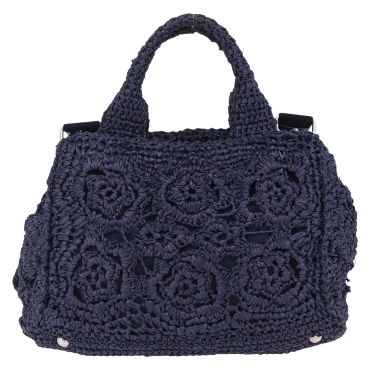 PRADA Hand Bag Raffia 2way Navy Silver