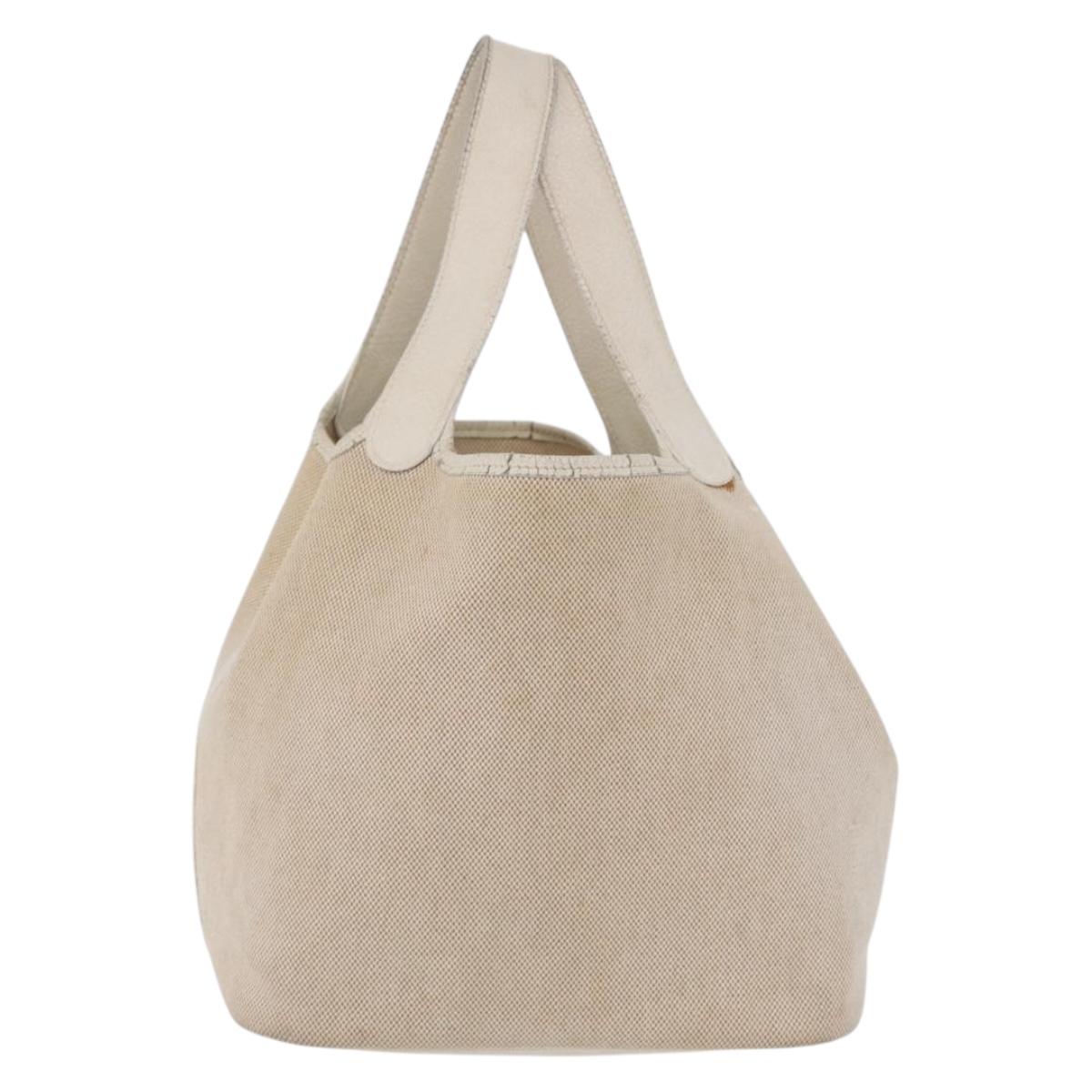 HERMES Picotan MM Hand Bag Canvas Beige Silver