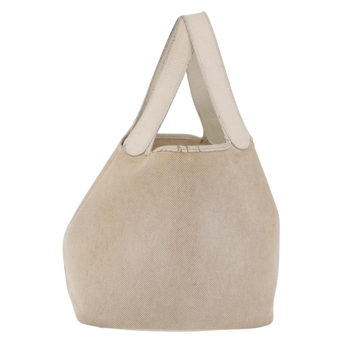 HERMES Picotan MM Hand Bag Canvas Beige Silver