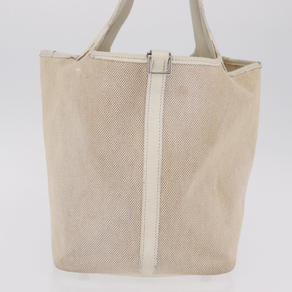 HERMES Picotan MM Hand Bag Canvas Beige Silver
