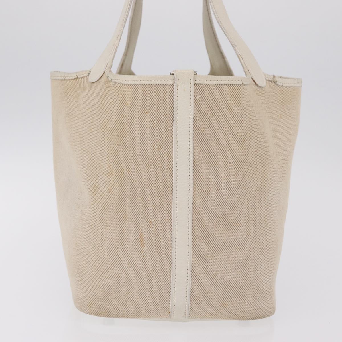 HERMES Picotan MM Hand Bag Canvas Beige Silver