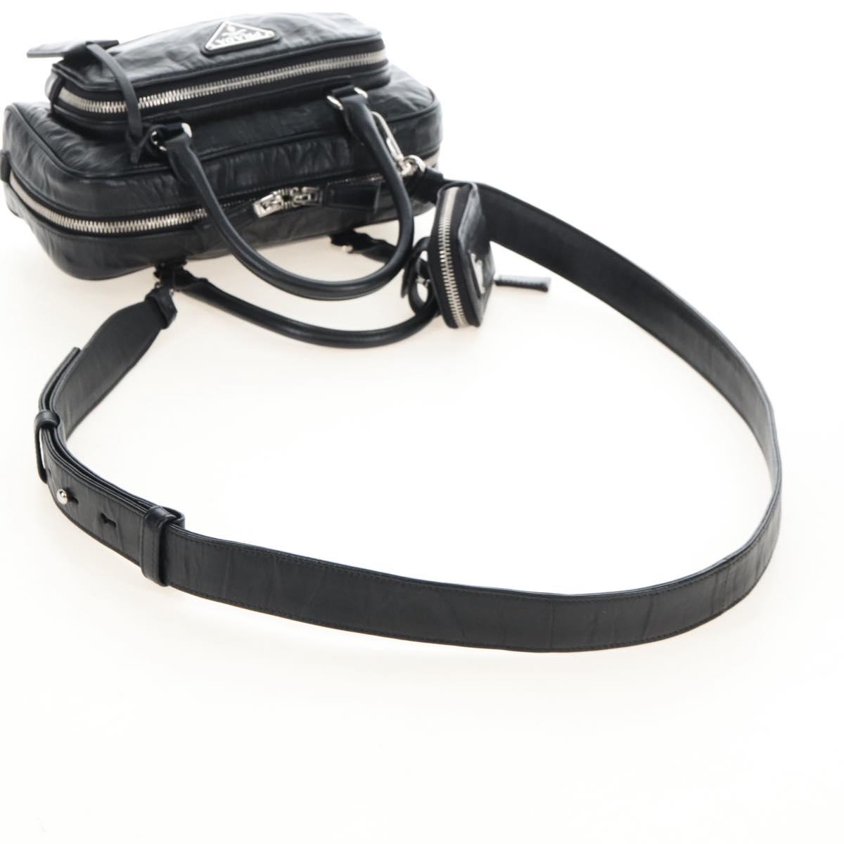 PRADA Hand Bag Leather 2way Black Silver