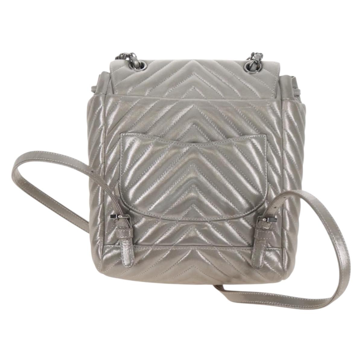 CHANEL V Stitch Backpack Leather Silver CC