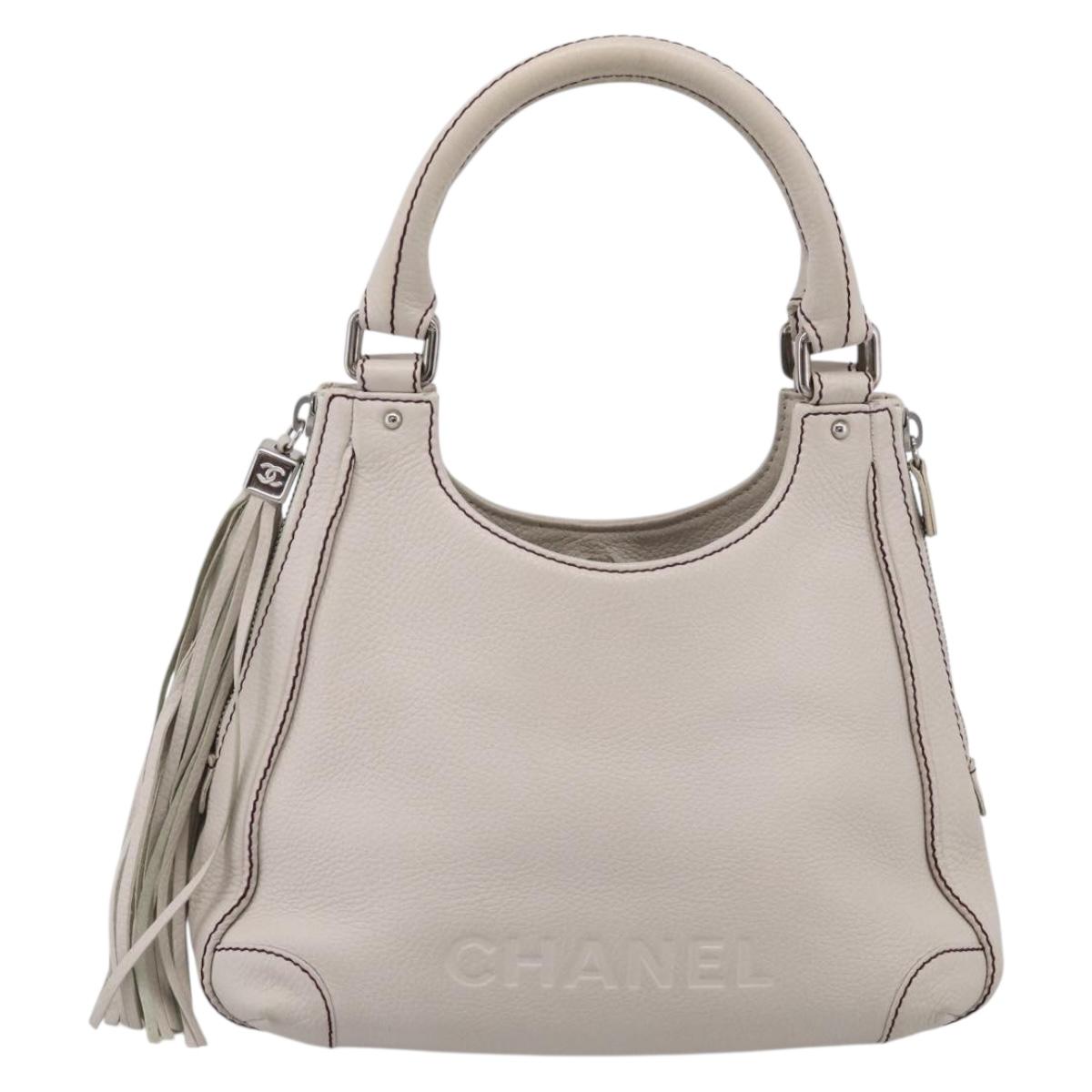 CHANEL Hand Bag Leather Ivory Silver CC