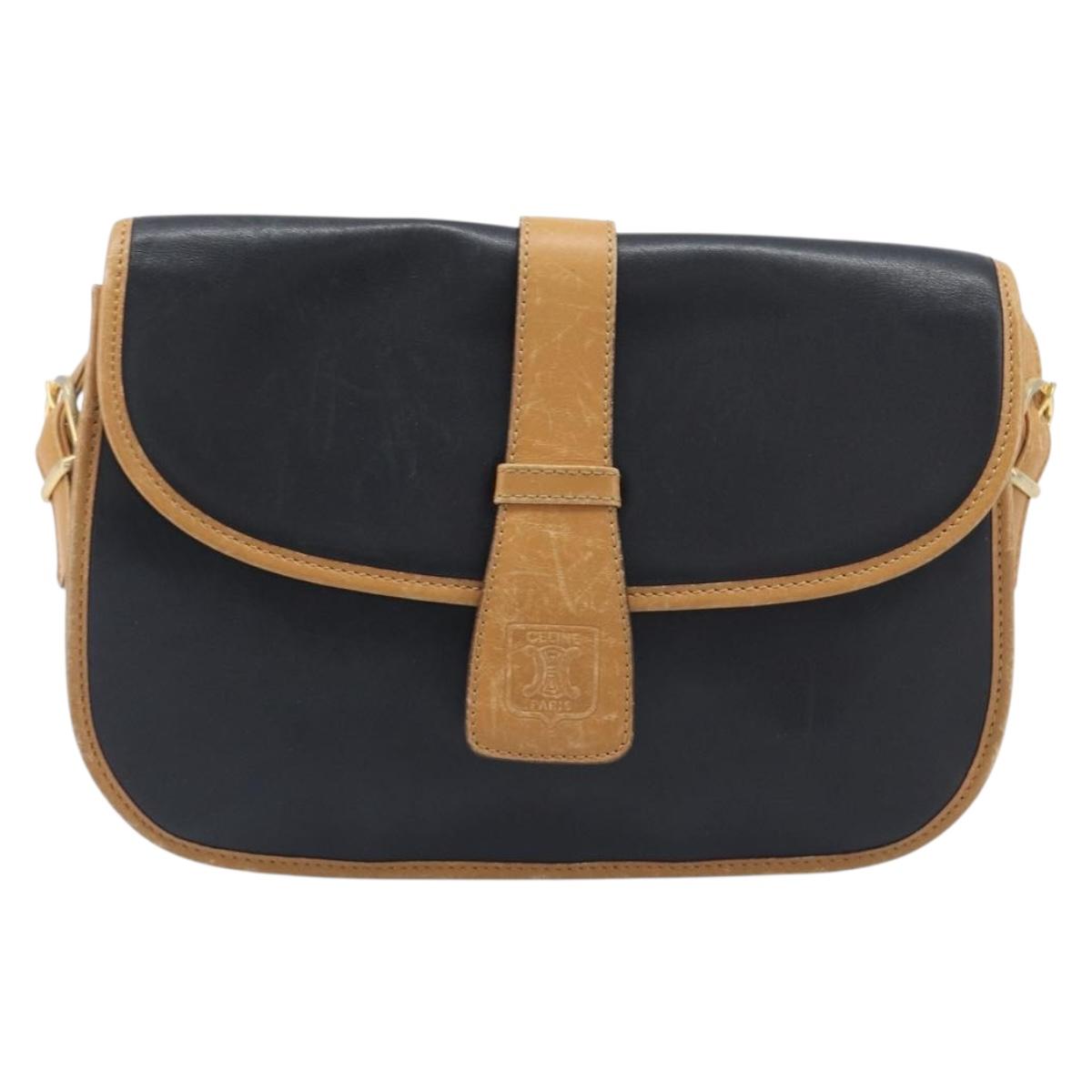 CELINE Shoulder Bag Leather Black Gold Tone