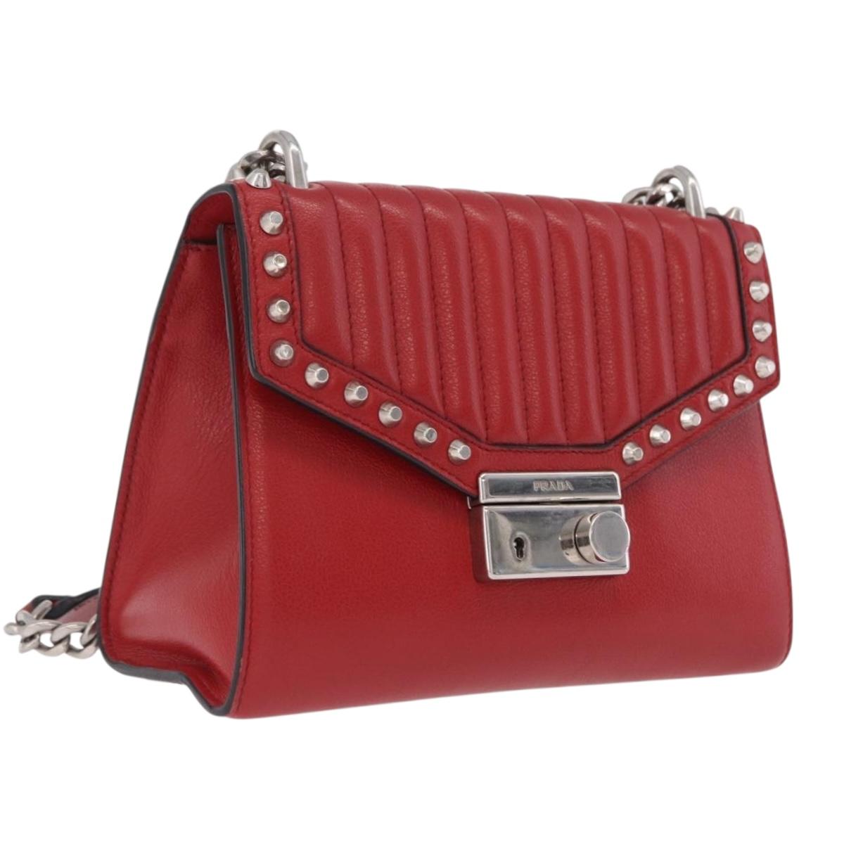PRADA Chain Shoulder Bag Leather Red Silver