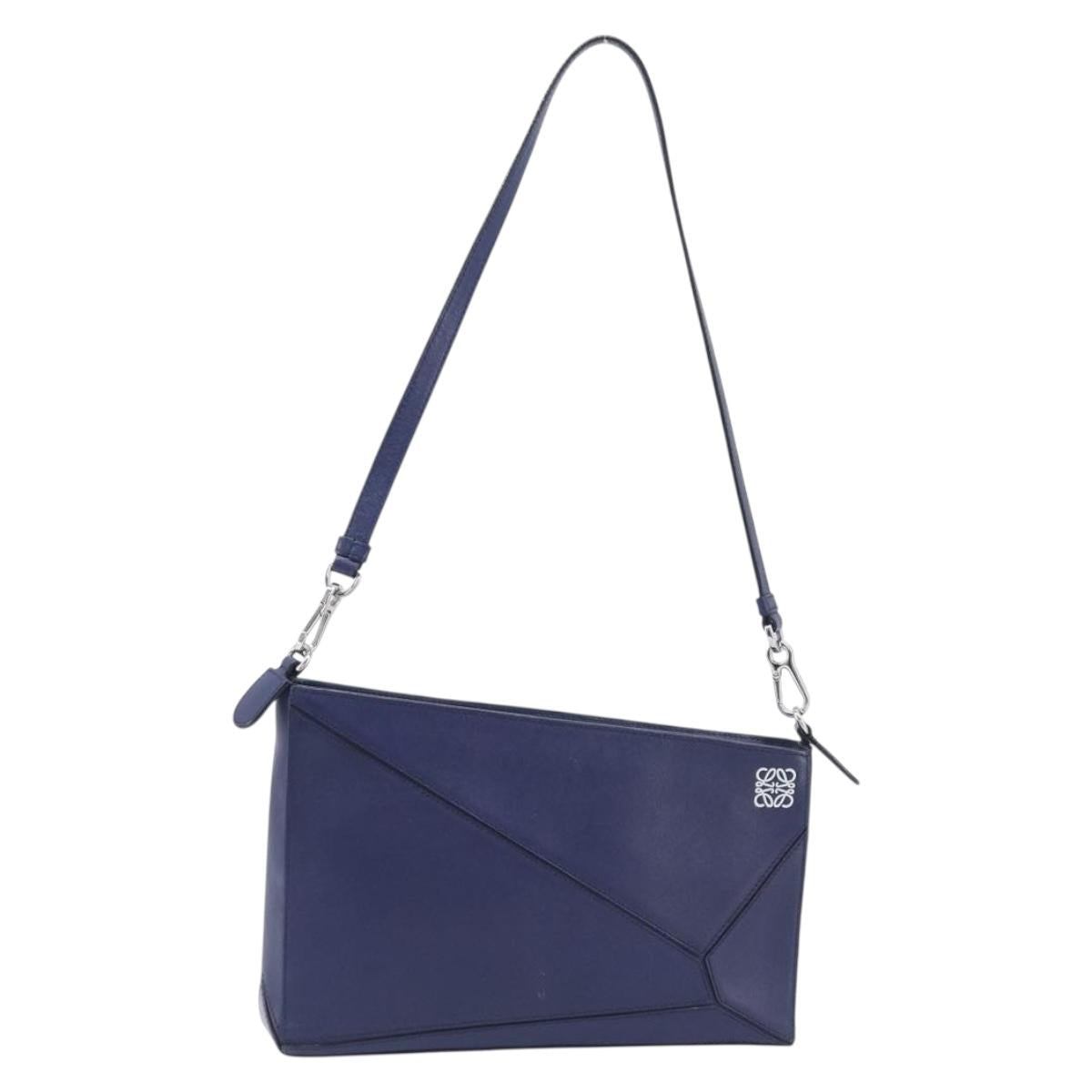 LOEWE Puzzle Pouch Shoulder Bag Leather Navy Silver