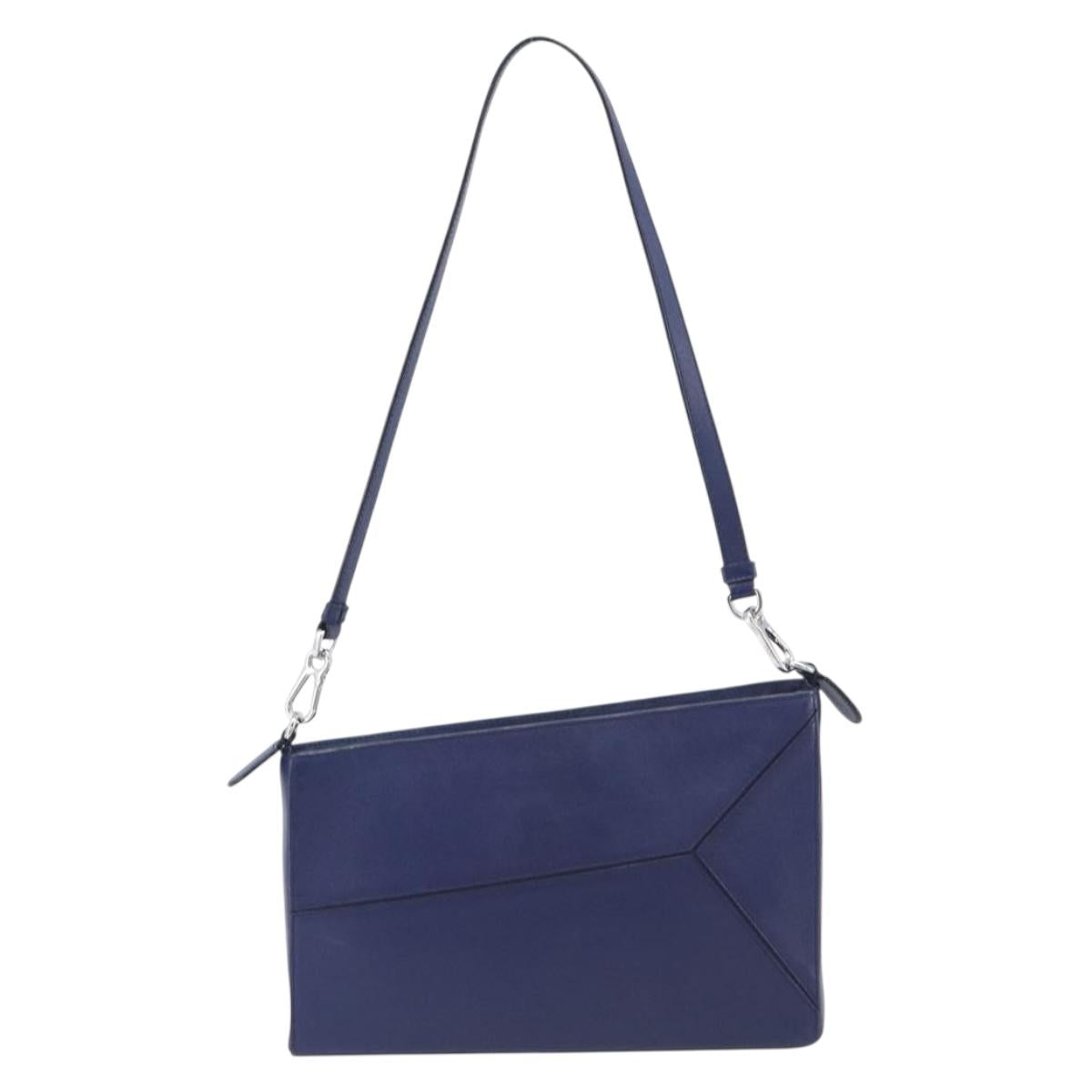 LOEWE Puzzle Pouch Shoulder Bag Leather Navy Silver