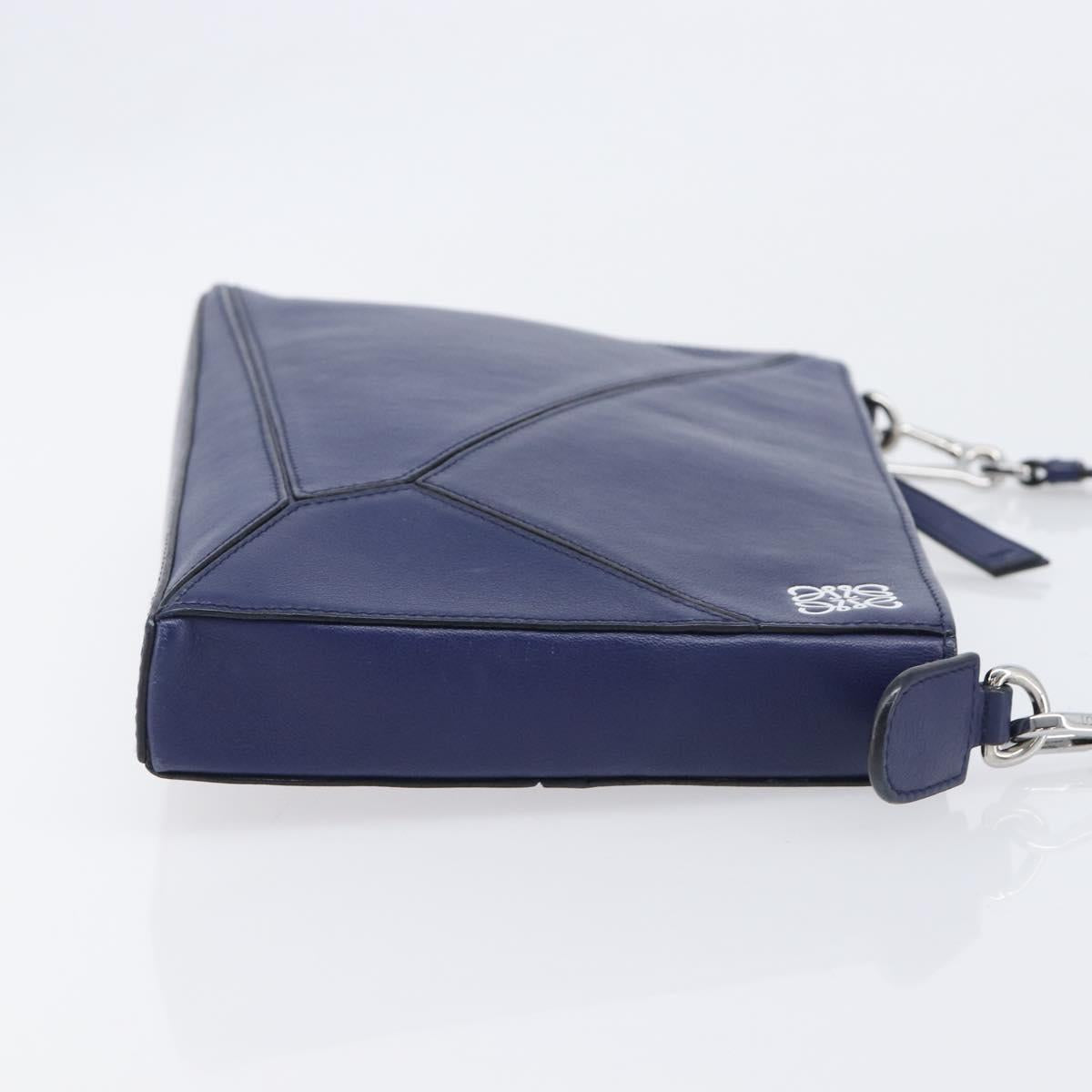 LOEWE Puzzle Pouch Shoulder Bag Leather Navy Silver