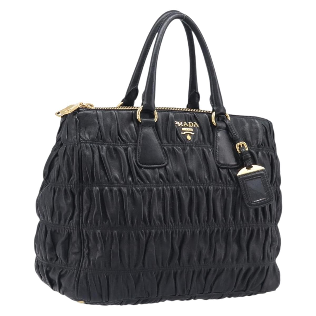 PRADA Gathered Hand Bag Leather Black Gold