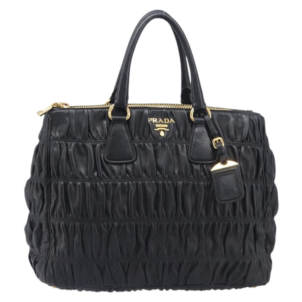 PRADA Gathered Hand Bag Leather Black Gold