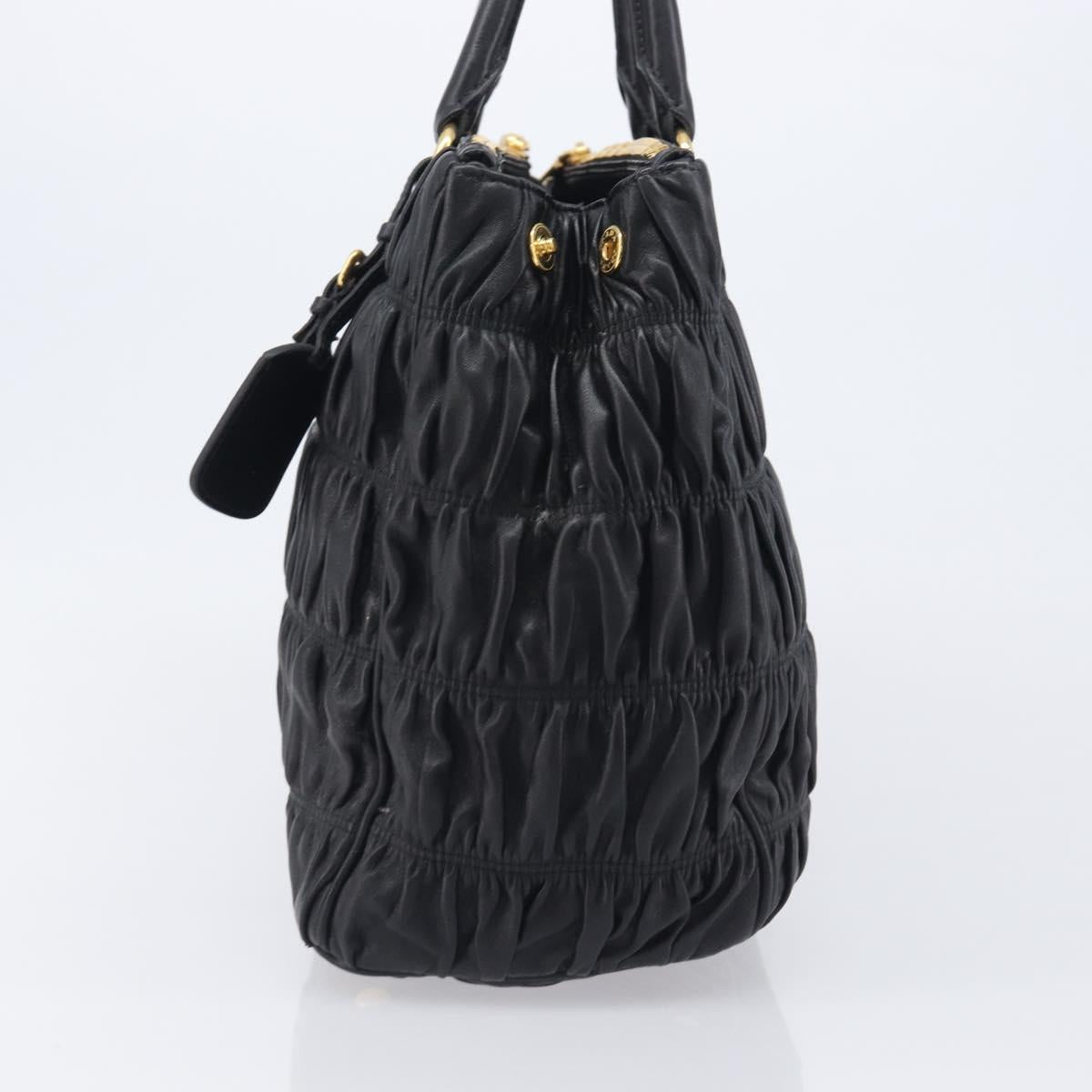 PRADA Gathered Hand Bag Leather Black Gold