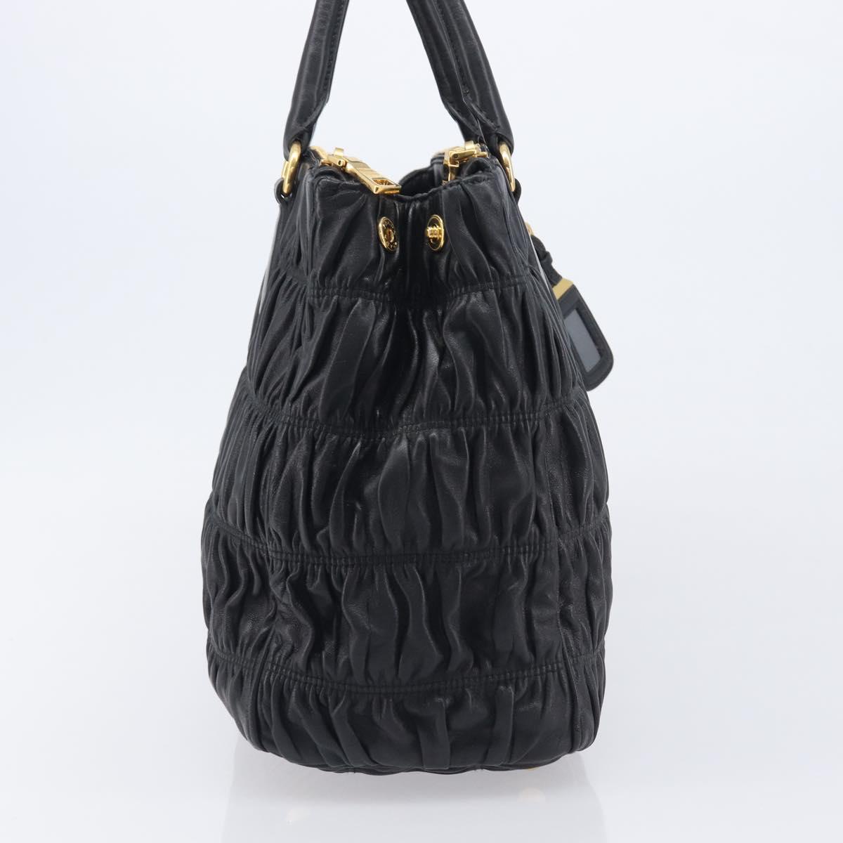 PRADA Gathered Hand Bag Leather Black Gold