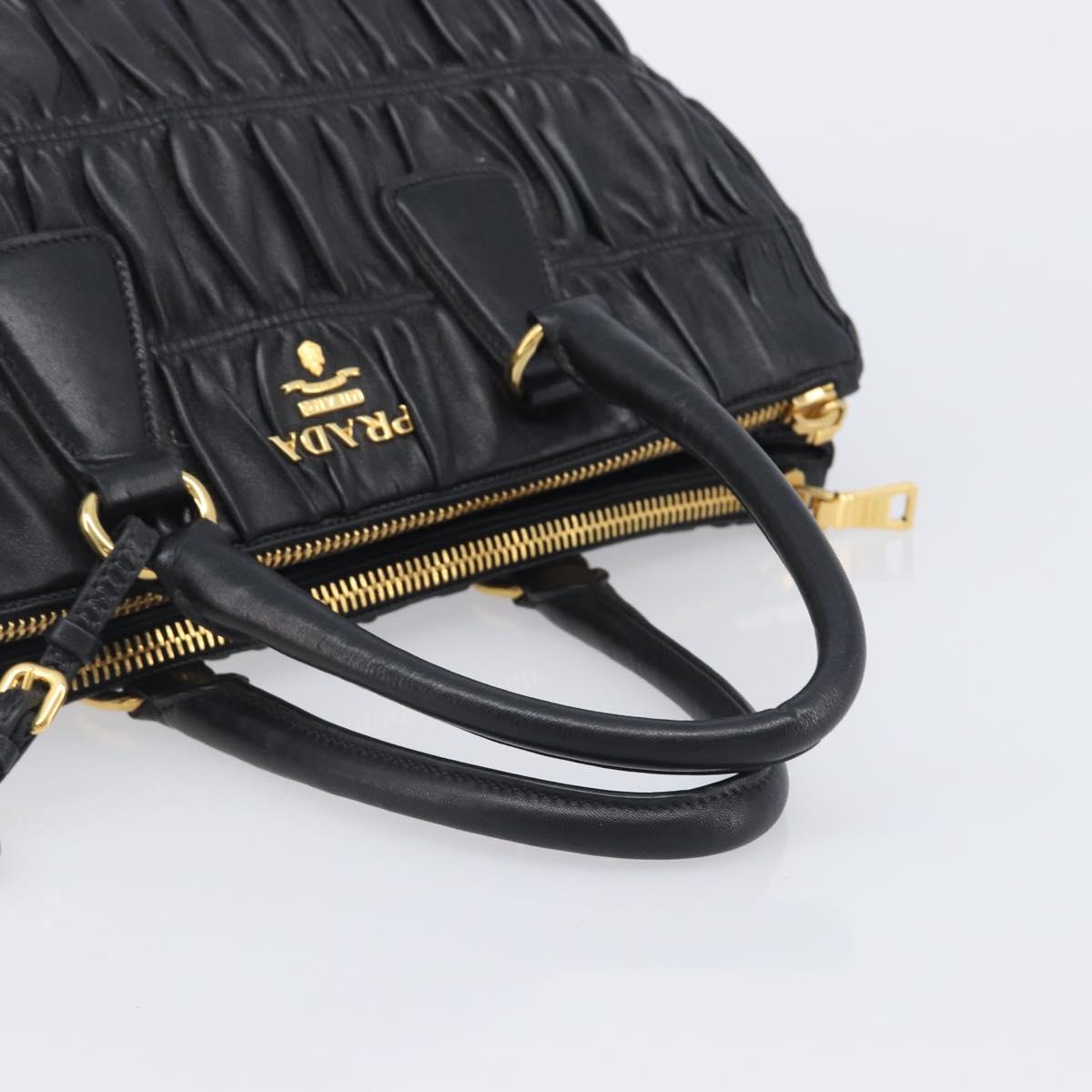 PRADA Gathered Hand Bag Leather Black Gold