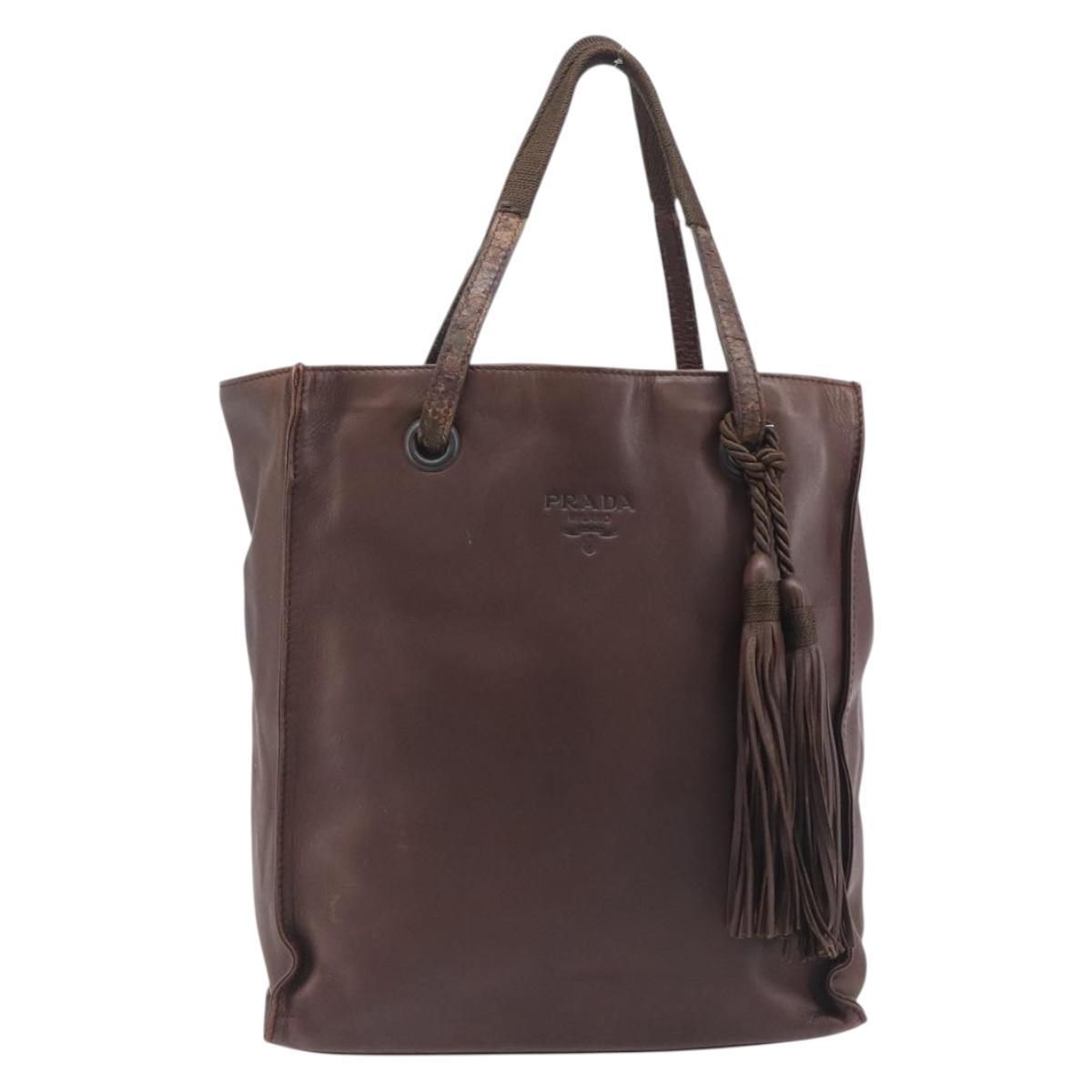 PRADA Hand Bag Leather Brown Silver