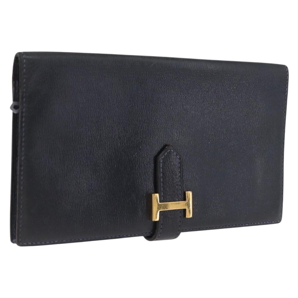 HERMES Bean Long Wallet Leather Black Gold