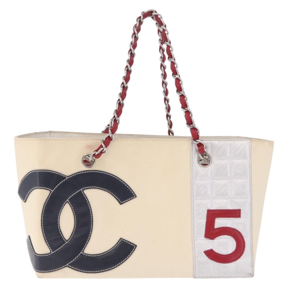 CHANEL Choco Bar Chain Shoulder Tote Bag Canvas Ivory Silver CC