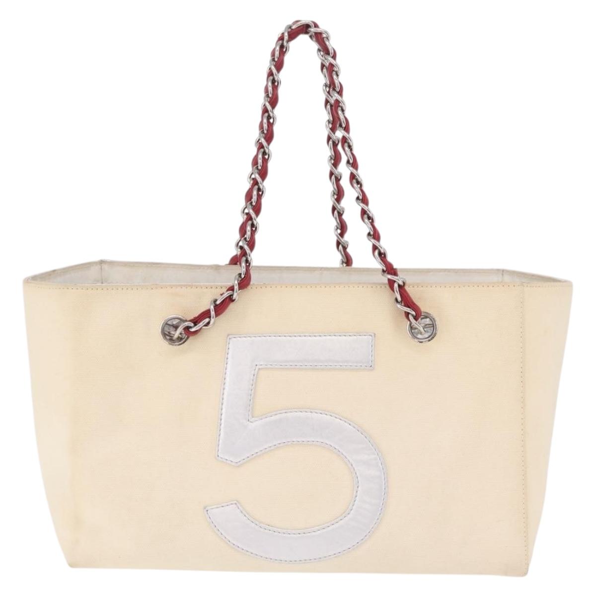 CHANEL Choco Bar Chain Shoulder Tote Bag Canvas Ivory Silver CC