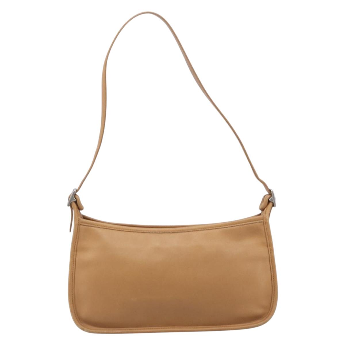 Coach Shoulder Bag Leather Beige Silver