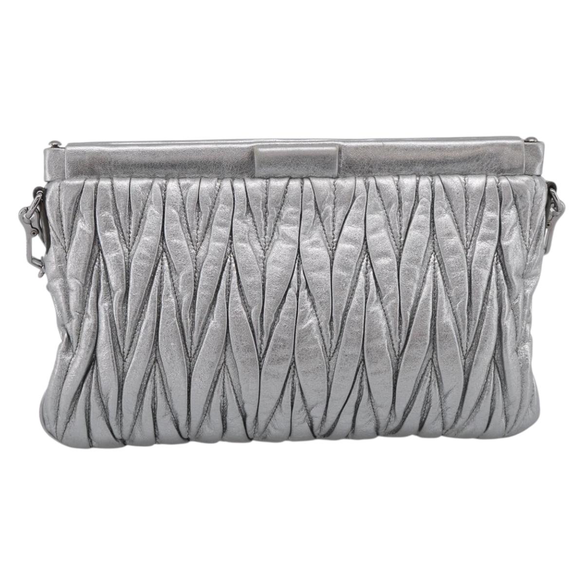 Miu Miu Matelasse Shoulder Bag Leather Silver