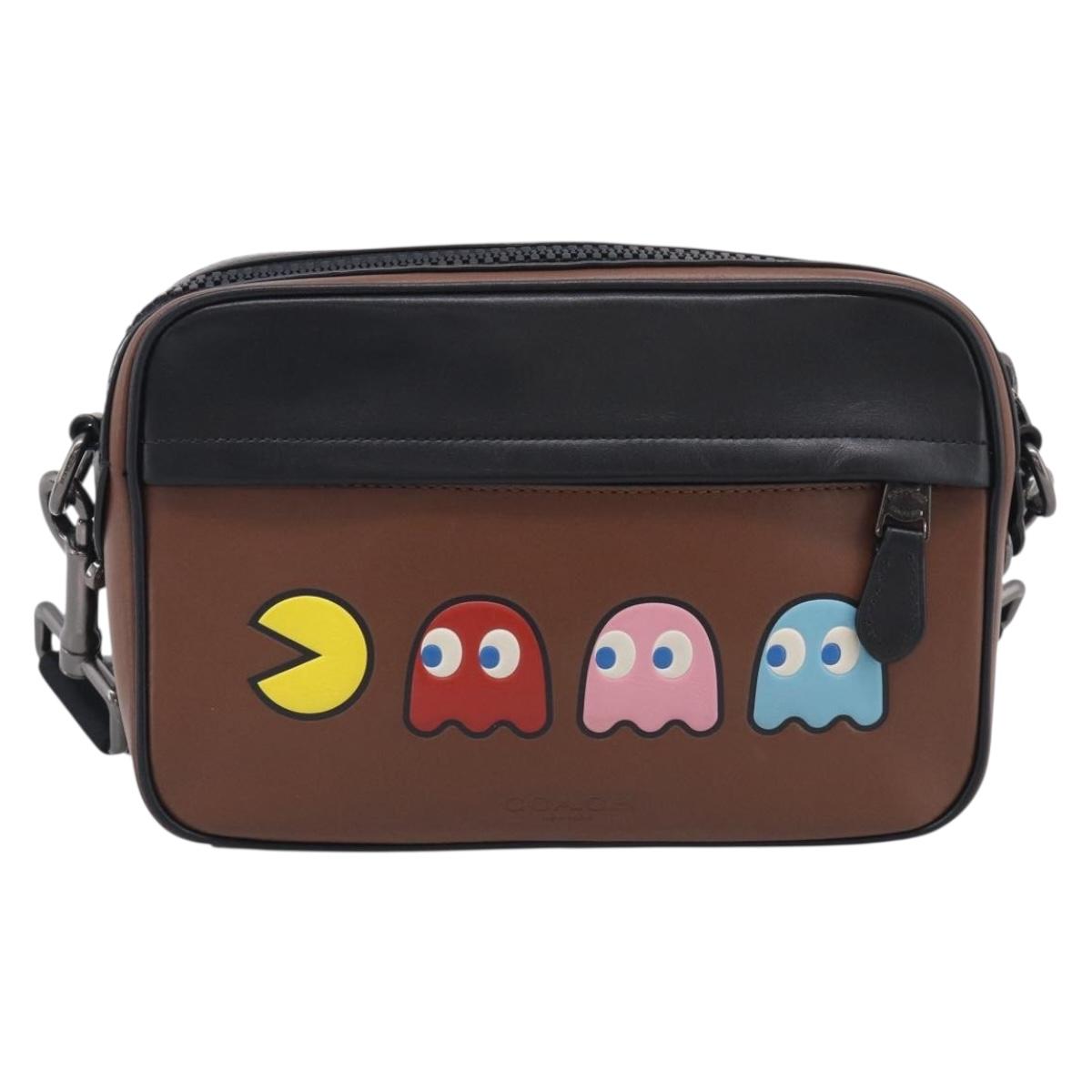 Coach x PAC MAN Shoulder Bag Leather Brown Silver